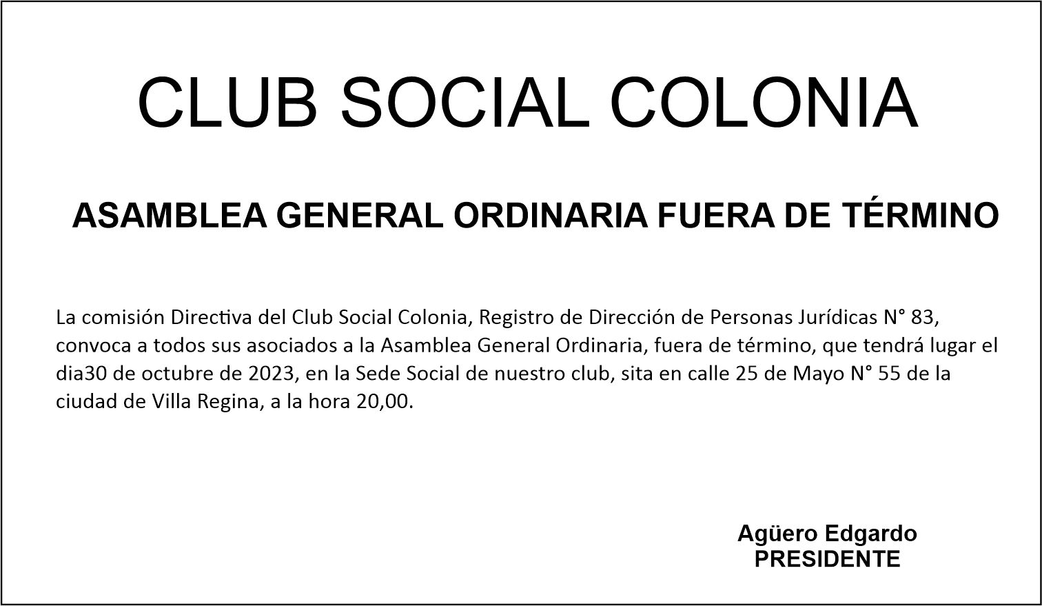 Convocatoria a Asamblea General Ordinaria: Club Social Colonia