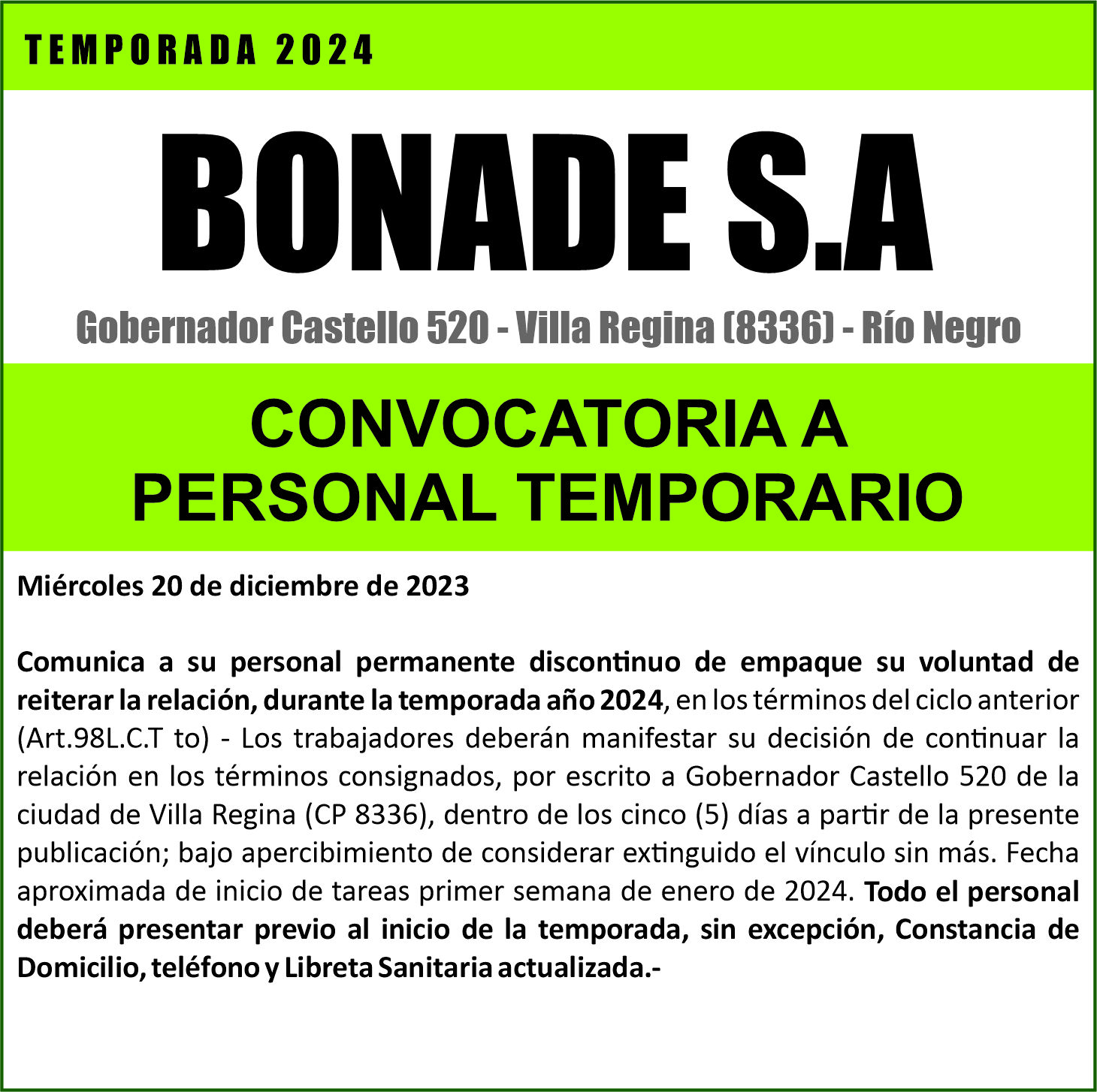 BONADE S.A convoca a su personal temporario 2024