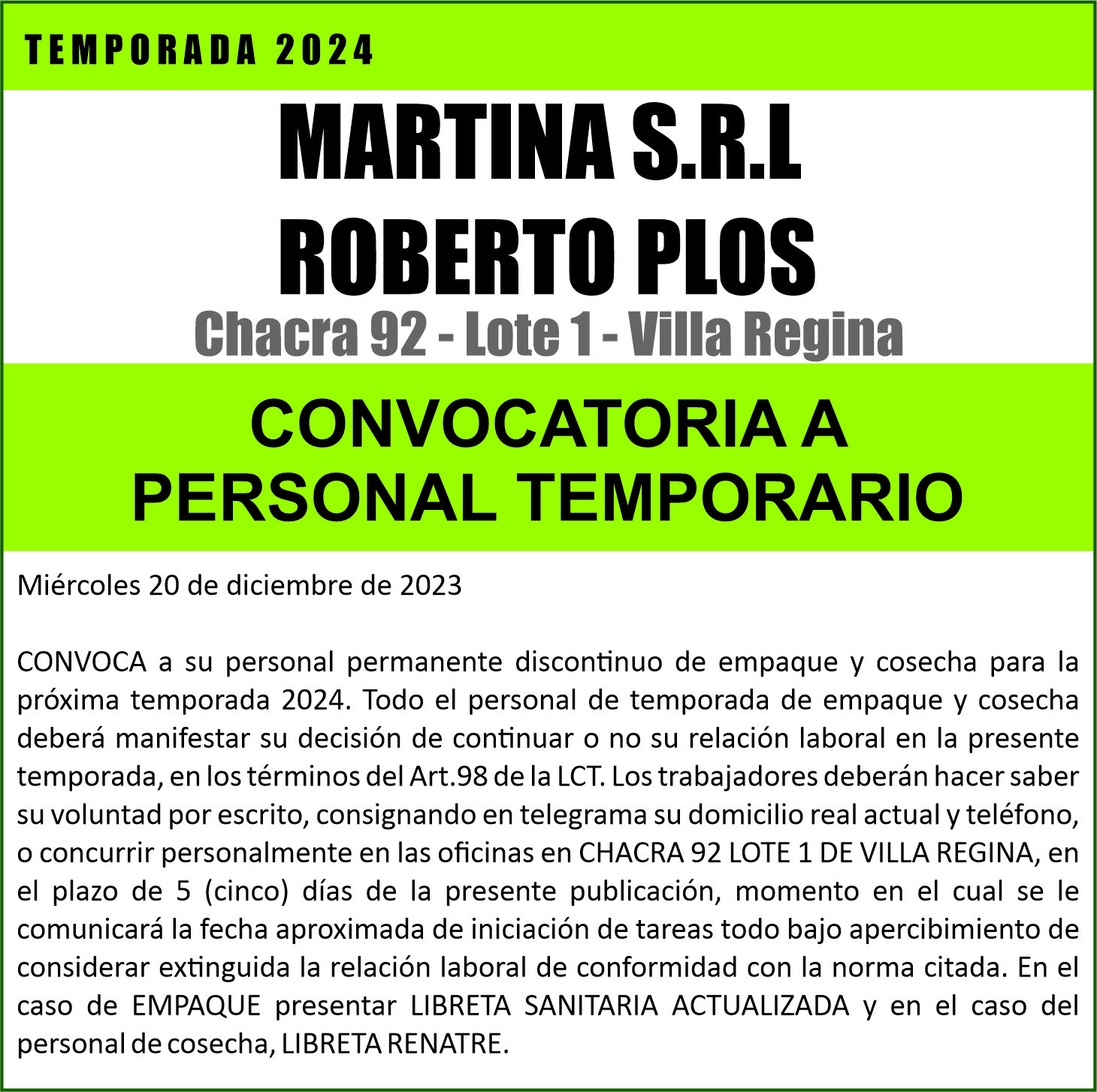 MARTINA S.R.L ROBERTO PLOS convoca al personal de temporada 2024