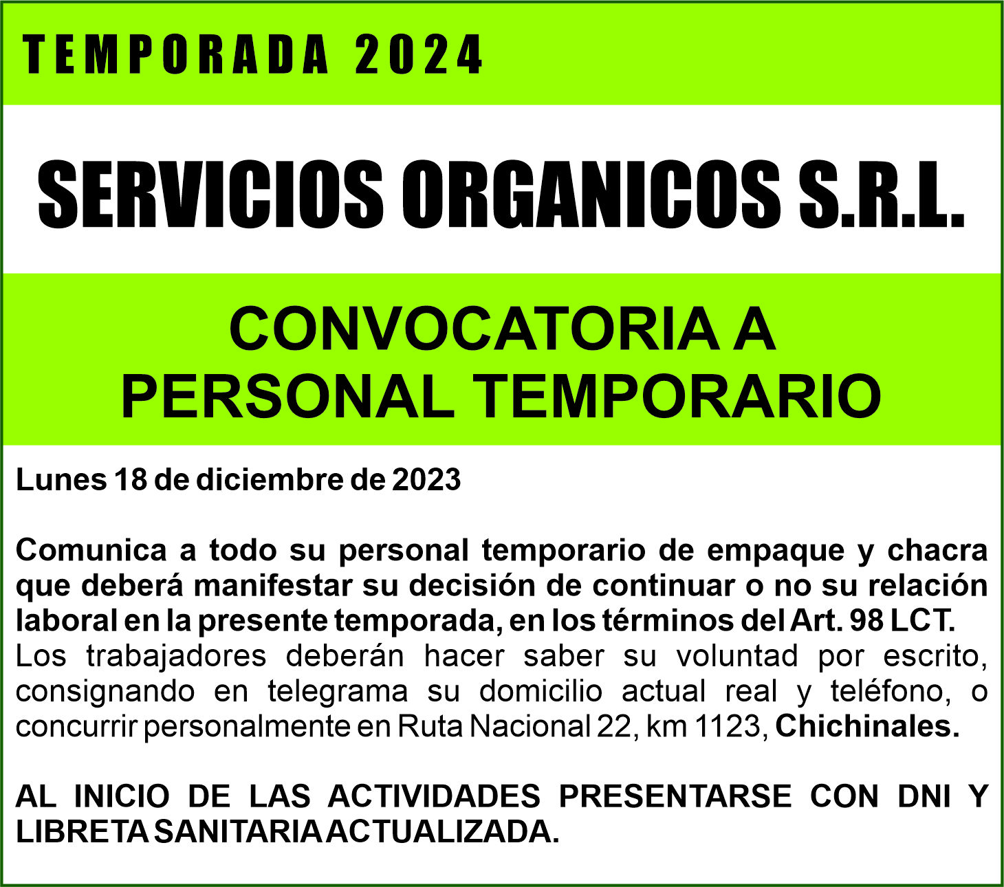 SERVICIOS ORGANICOS S.R.L. convoca a su personal de temporada 2024