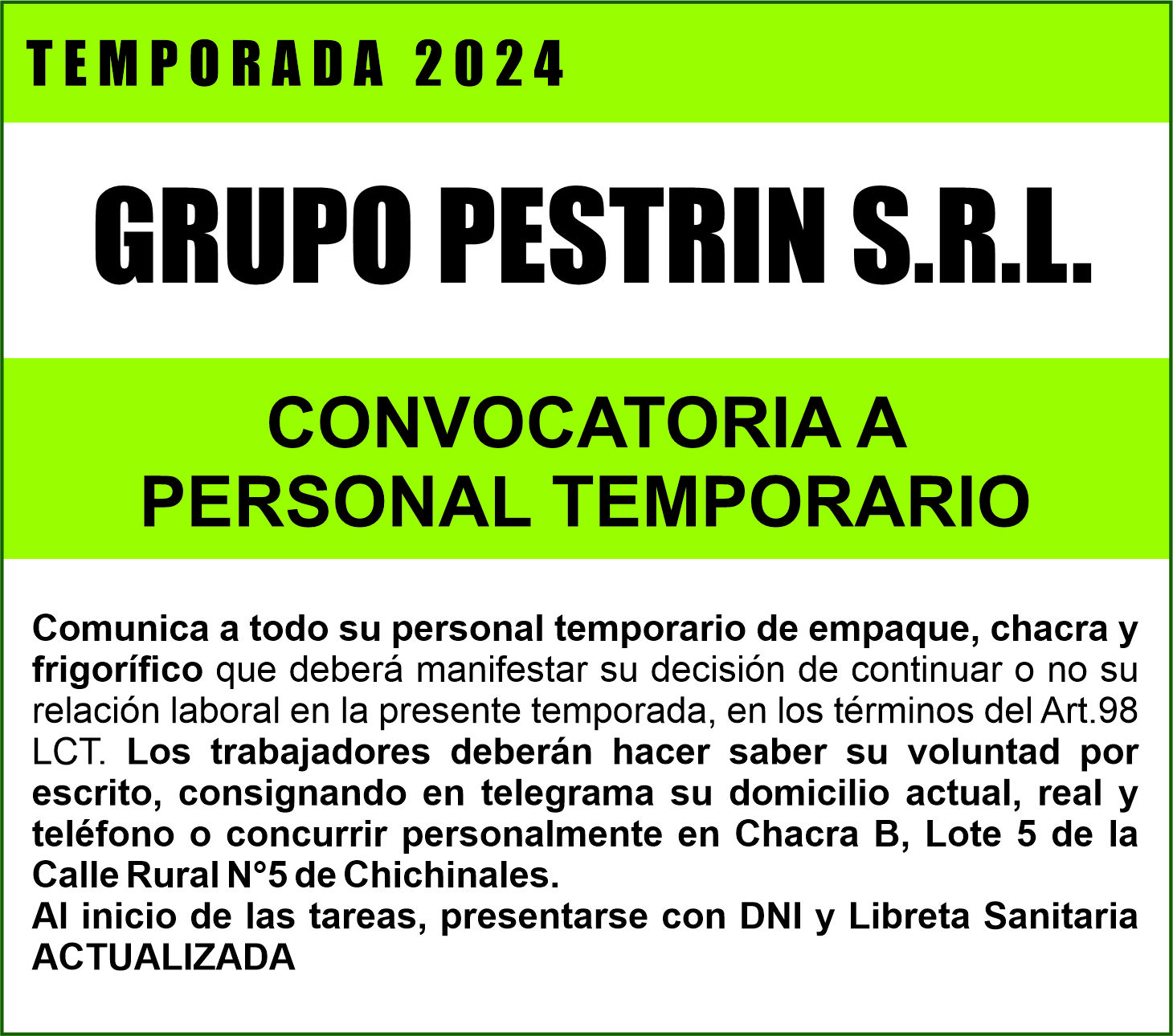 Convocatoria a personal temporario: Grupo Pestrín SRL