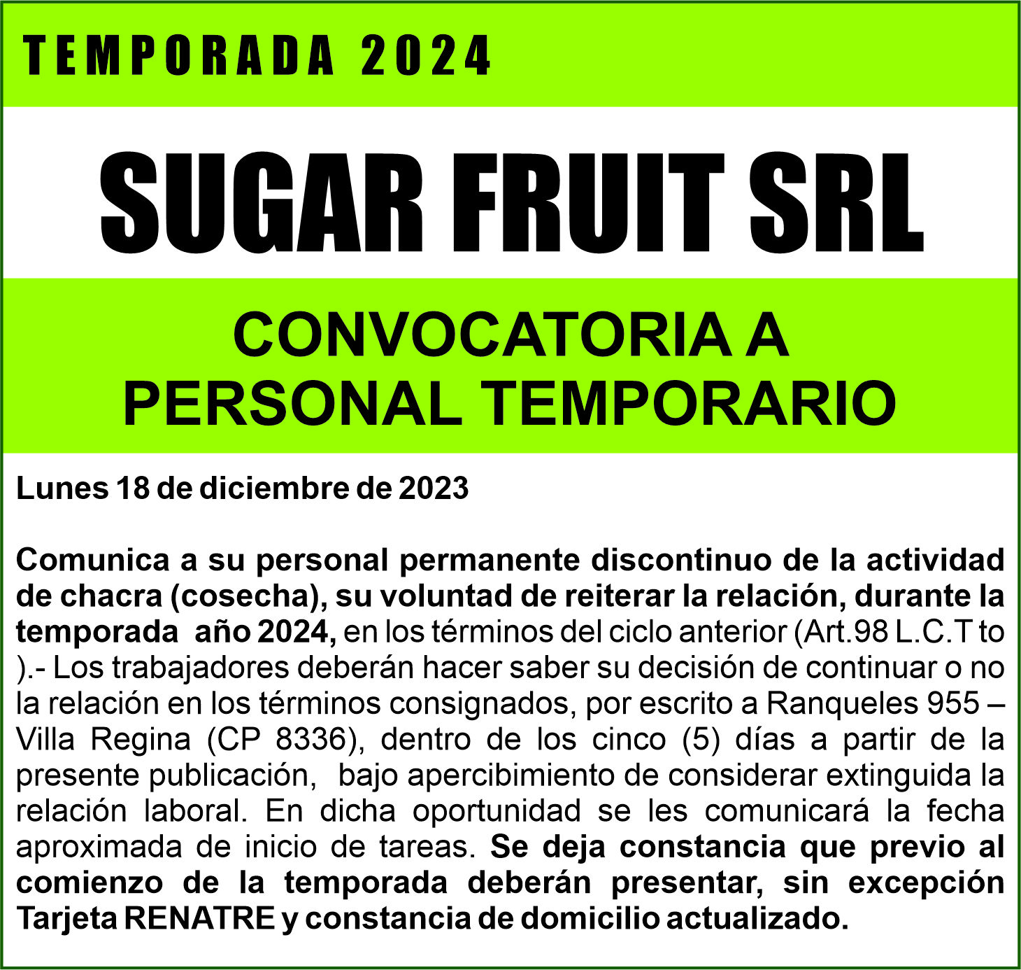 Sugar Fruit S.R.L convoca a su personal de temporada 2024