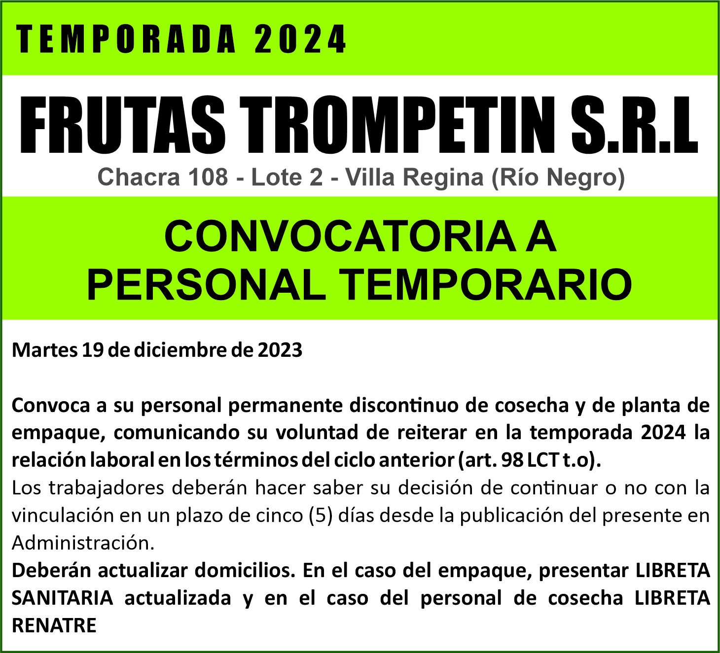 Frutas Trompetín S.R.L convoca a su personal de temporada 2024