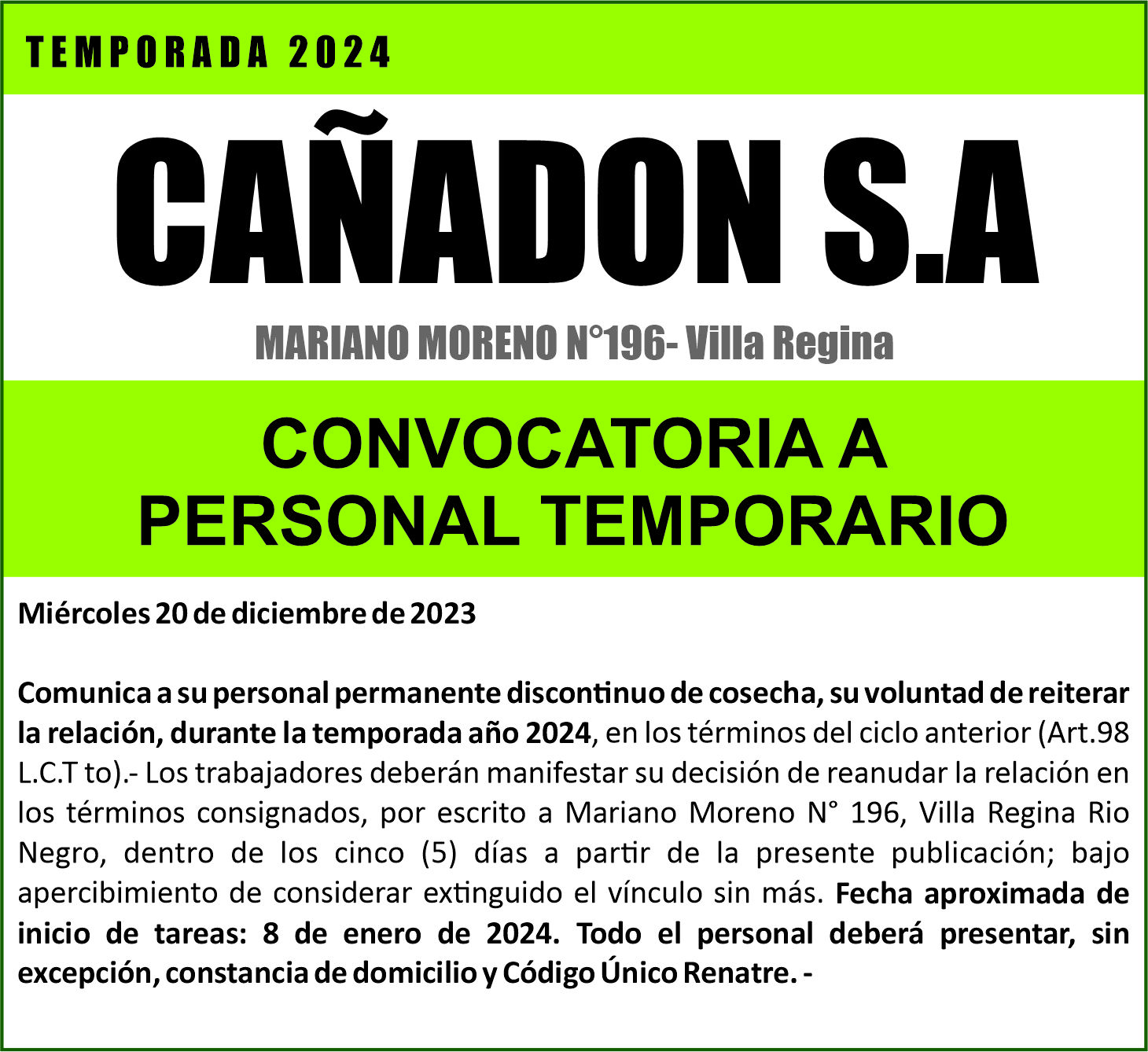 CAÑADON S.A convoca a su personal de temporada 2024.