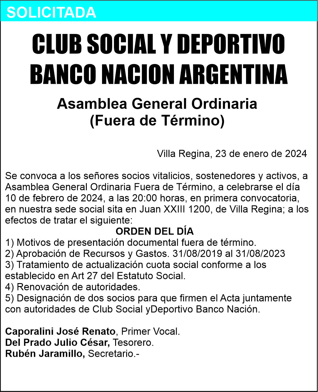El Club Banco Nación convoca a socios a la Asamblea General Ordinaria
