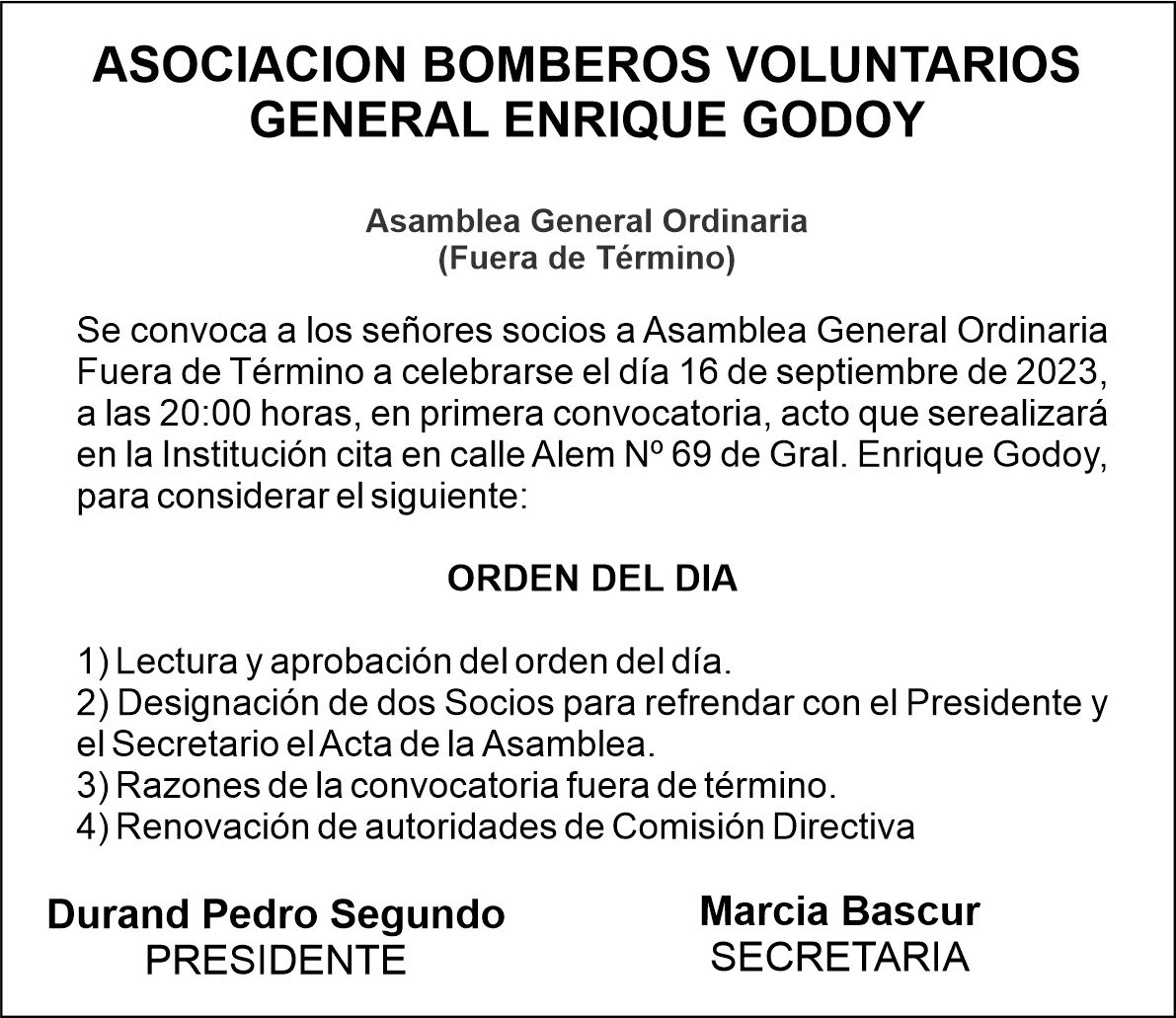 Convocatoria a Asamblea: Bomberos Voluntarios de Gral. E. Godoy