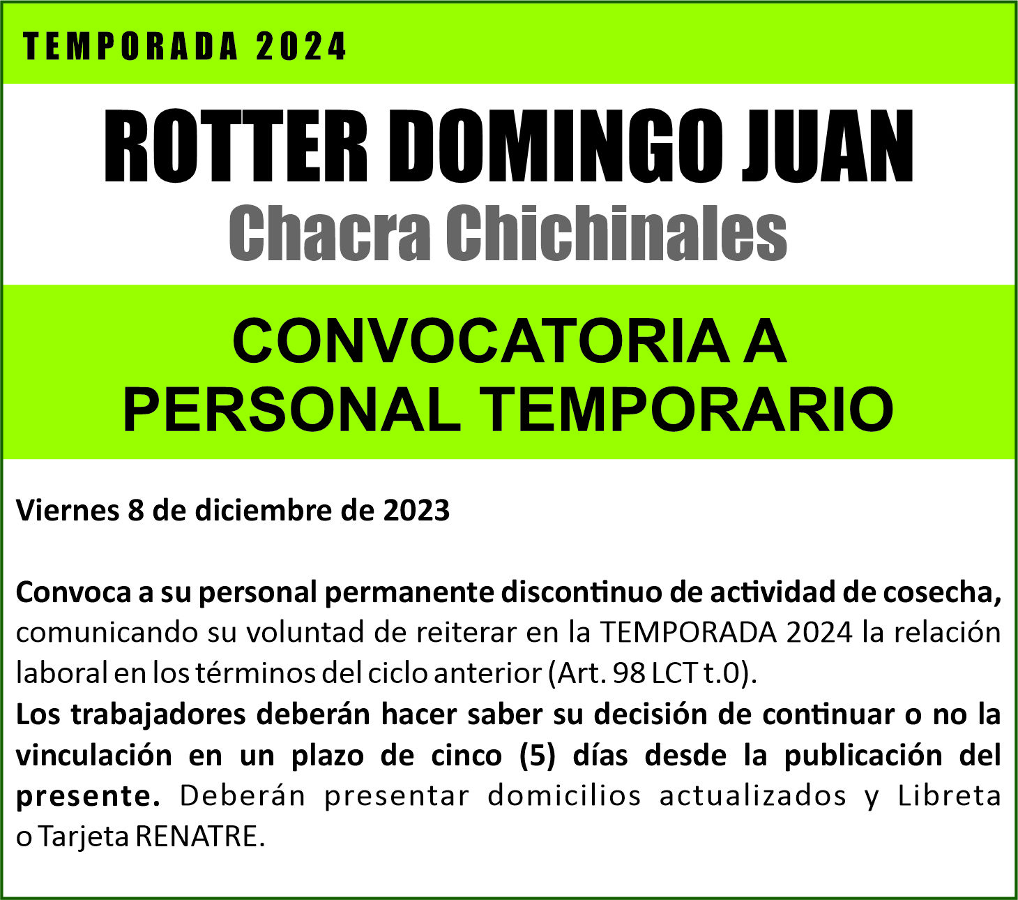 Convocatoria para Personal Temporario 2024: Rotter Domingo Juan