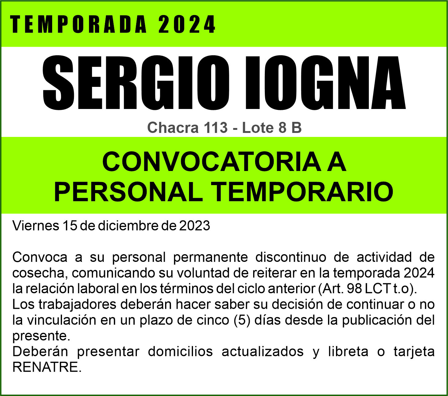 Sergio Iogna llama a su personal temporario para dar inicio a la temporada 2024