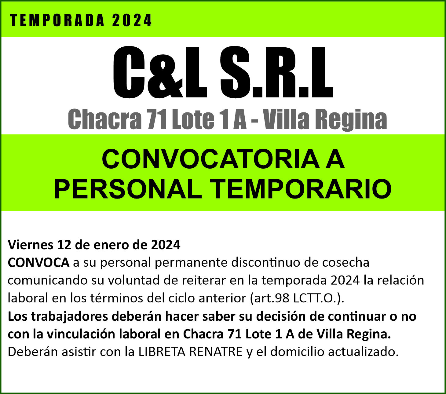 C&L S.R.L llama a todo su personal de temporada 2024
