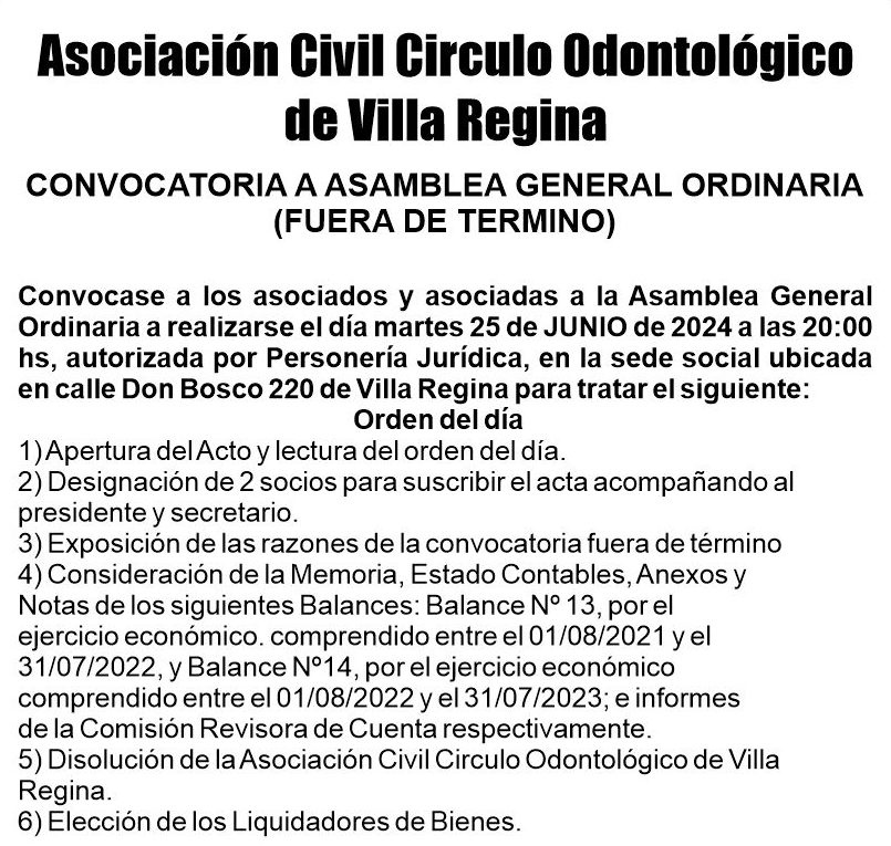 Convocatoria a Asamblea del Círculo Odontológico de Villa Regina