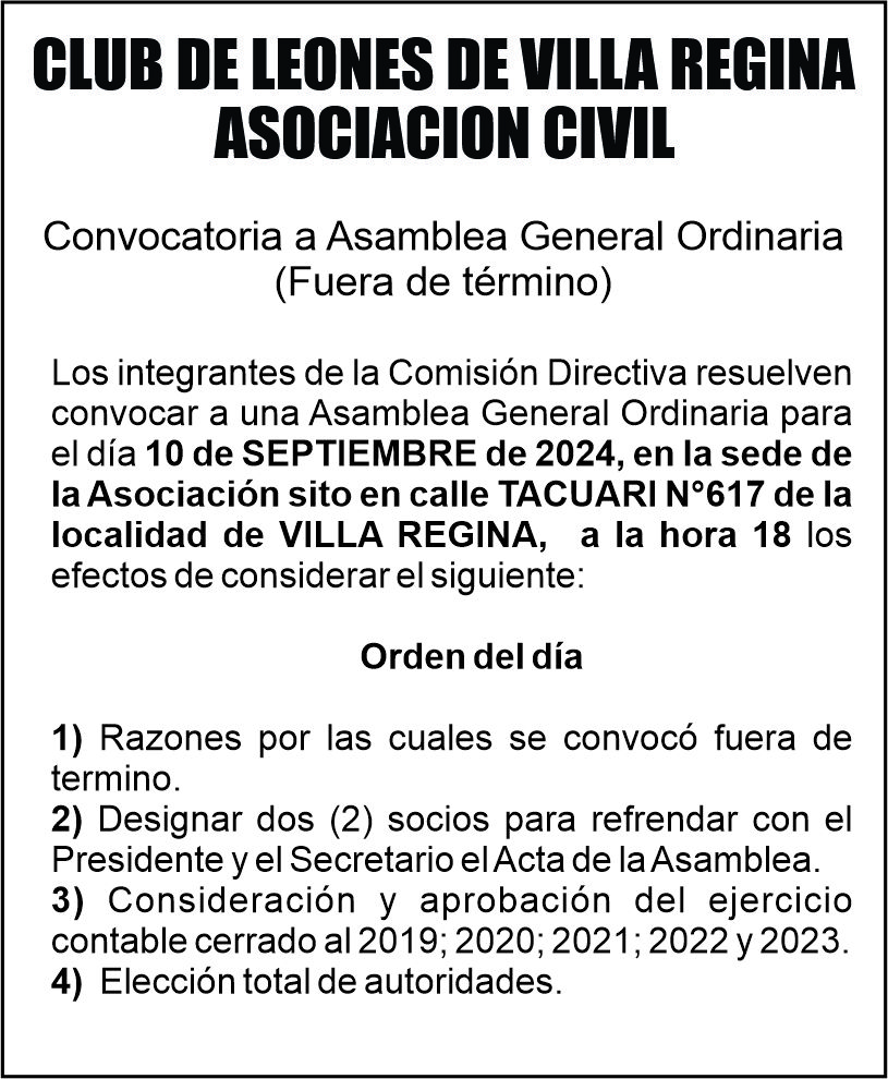 El Club de Leones de Villa Regina convoca a Asamblea