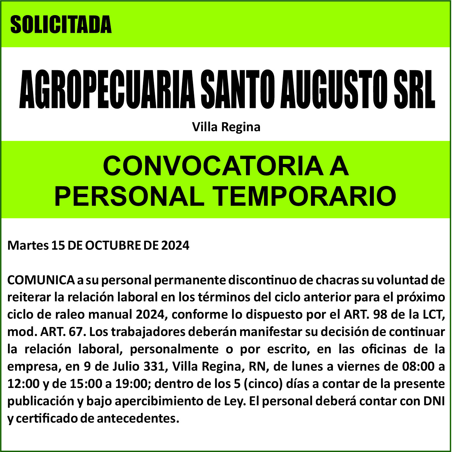 Convocatoria Agropecuaria Santo Augusto S.R.L